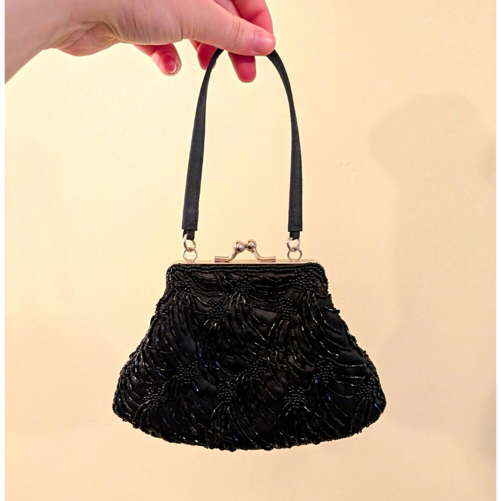 Whimsygoth Vintage Black Beaded Bag Clamshell Kiss Lock Clutch Purse Formal Prom